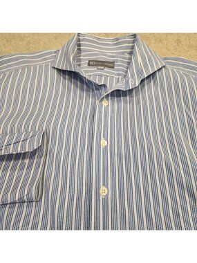 Hickey Freeman French Cuff Dress Shirt Mens 17.5 Blue Striped Long Button Up